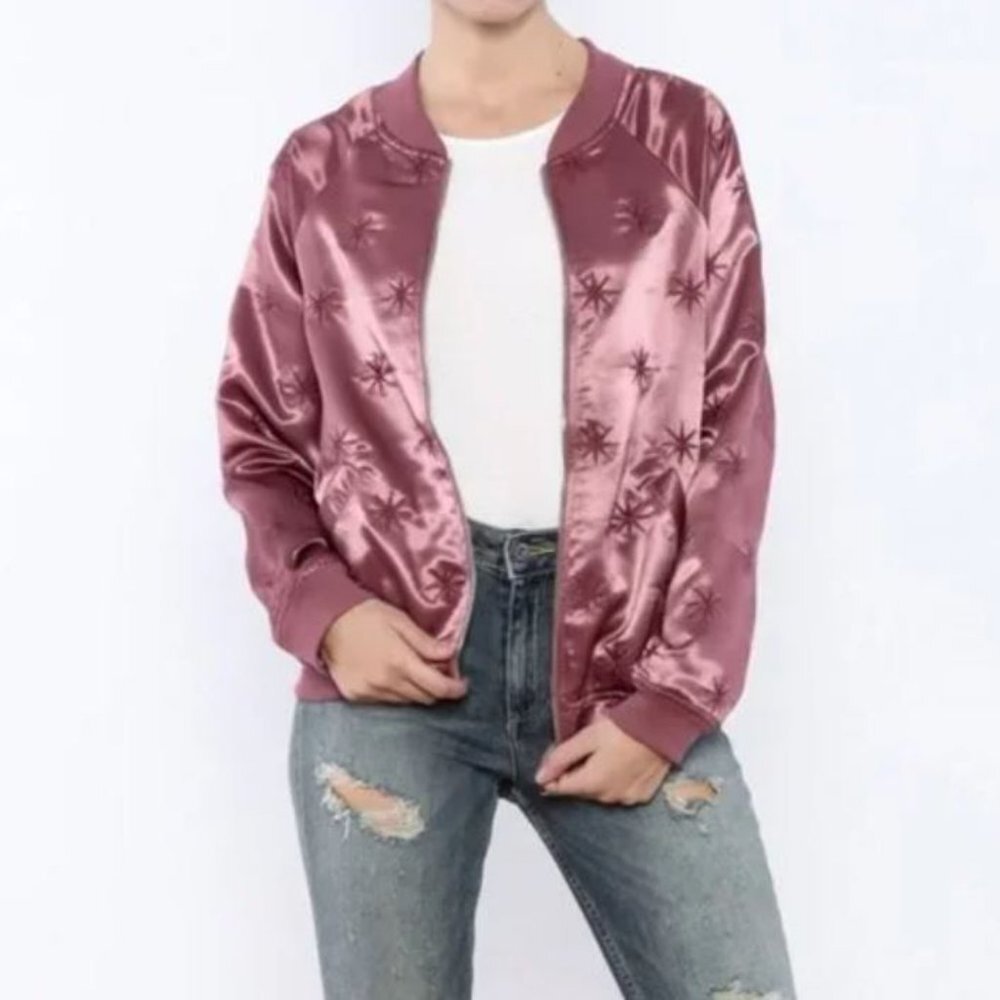 NEW Honey Punch Women's  Size S - M Bomber Jacket Embroidered Stars Wine PacSun